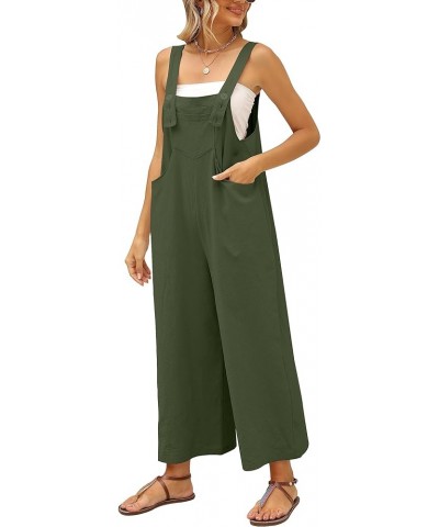 Women's Loose Wide Leg Jumpsuits Sleeveless Cotton Linen Overalls Rompers with Pockets Army Green $11.75 Overalls