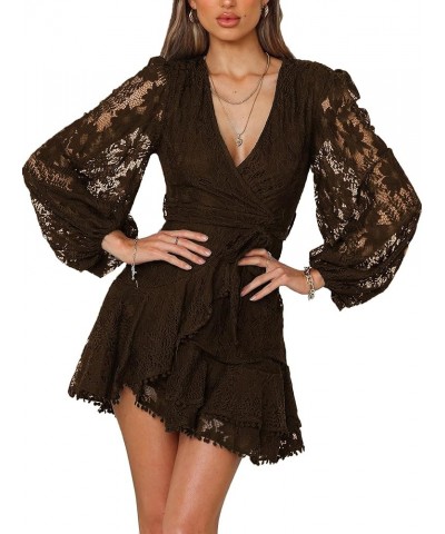 Women's Floral Flower Lace Faux Wrap Mini Dresses V Neck Long Lantern Sleeve Swing Short Dress with Waist Ties Chocolate $32....