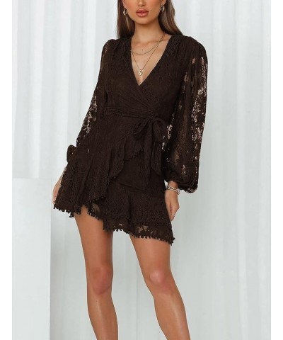 Women's Floral Flower Lace Faux Wrap Mini Dresses V Neck Long Lantern Sleeve Swing Short Dress with Waist Ties Chocolate $32....