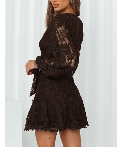 Women's Floral Flower Lace Faux Wrap Mini Dresses V Neck Long Lantern Sleeve Swing Short Dress with Waist Ties Chocolate $32....