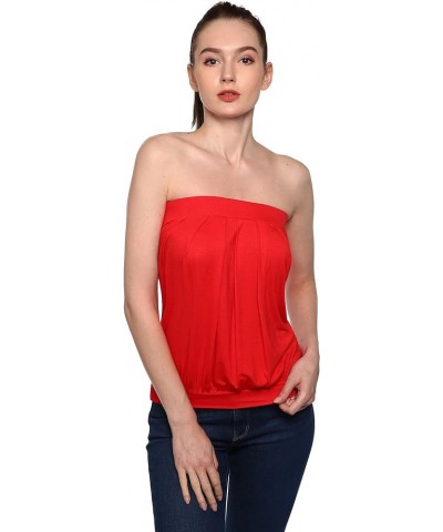 Women Strapless Pleated Blouson Tube Top Red $11.33 Tanks