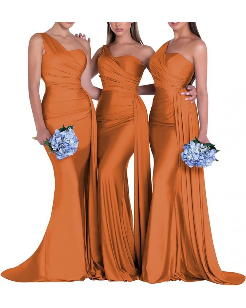 One Shoulder Mermaid Bridesmaid Dresses Long Satin Prom Dress Ruched Wedding Formal Dresses with Train Orange $34.00 Dresses