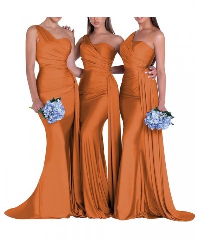 One Shoulder Mermaid Bridesmaid Dresses Long Satin Prom Dress Ruched Wedding Formal Dresses with Train Orange $34.00 Dresses