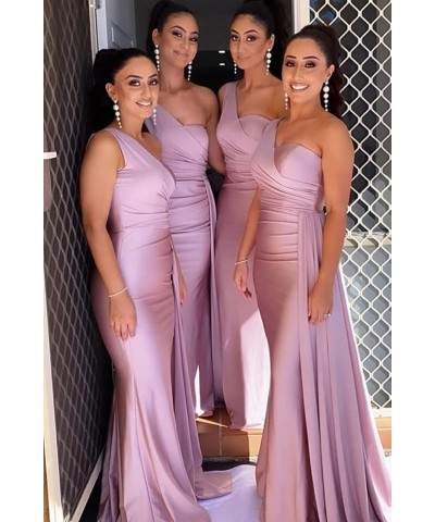 One Shoulder Mermaid Bridesmaid Dresses Long Satin Prom Dress Ruched Wedding Formal Dresses with Train Orange $34.00 Dresses