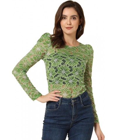 Women's Vintage Semi Sheer Puff Long Sleeve Embroidery Blouse Lace Top Green White $11.88 Blouses