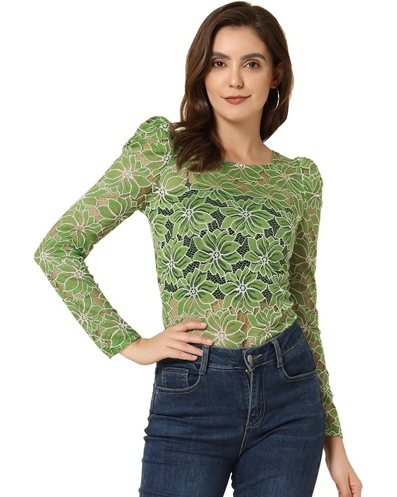 Women's Vintage Semi Sheer Puff Long Sleeve Embroidery Blouse Lace Top Green White $11.88 Blouses