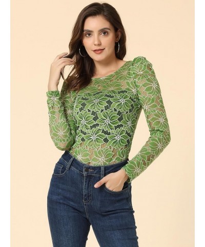 Women's Vintage Semi Sheer Puff Long Sleeve Embroidery Blouse Lace Top Green White $11.88 Blouses