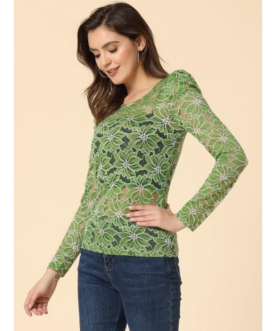 Women's Vintage Semi Sheer Puff Long Sleeve Embroidery Blouse Lace Top Green White $11.88 Blouses