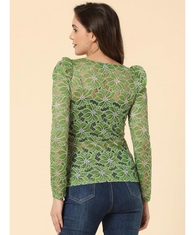 Women's Vintage Semi Sheer Puff Long Sleeve Embroidery Blouse Lace Top Green White $11.88 Blouses