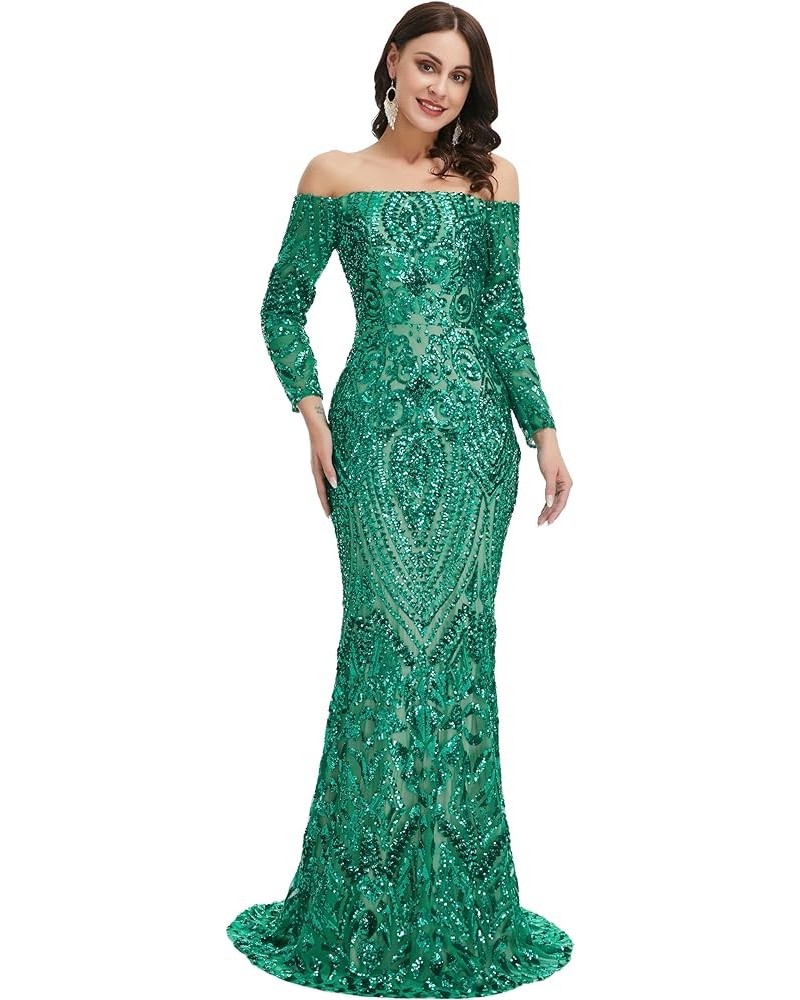 Women's Bateau Long Sleeves Sequins Mermaid Evening Dress Green $63.00 Dresses