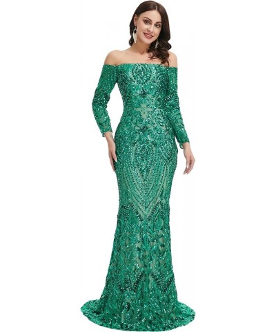 Women's Bateau Long Sleeves Sequins Mermaid Evening Dress Green $63.00 Dresses