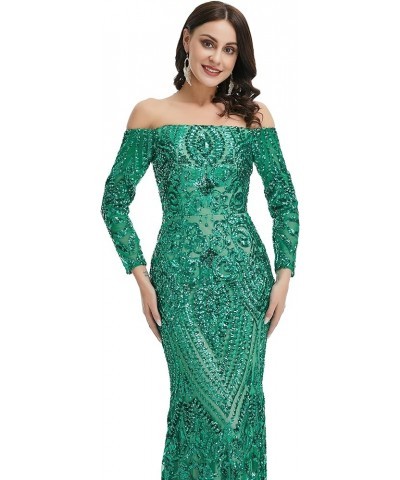 Women's Bateau Long Sleeves Sequins Mermaid Evening Dress Green $63.00 Dresses