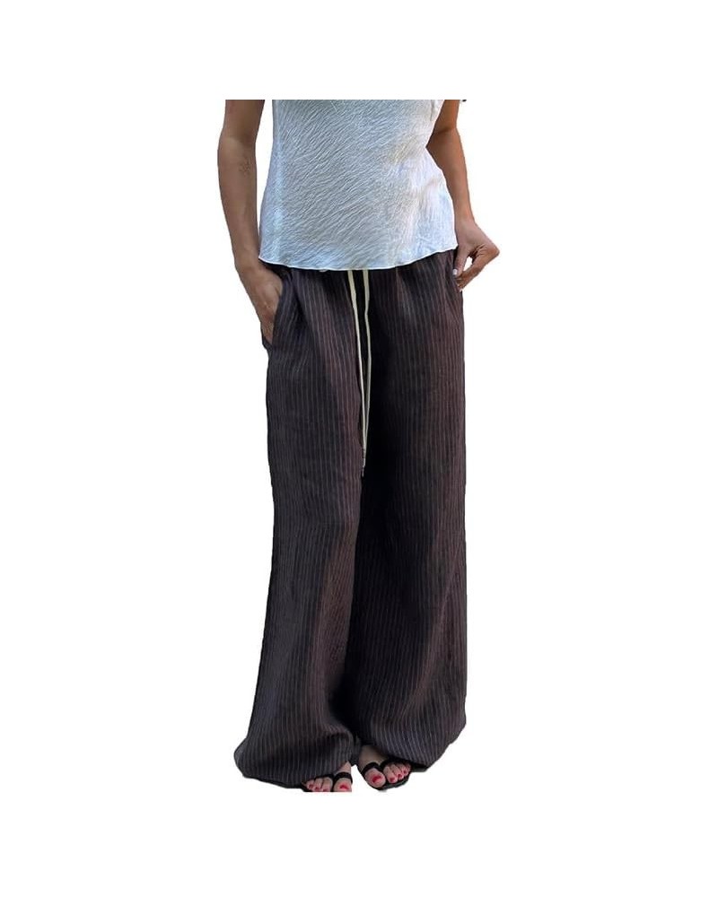 Women Y2k Stripes Lounge Pants Elastic Waist Straight Leg Trousers Casual Loose Fit Bottoms Going Out Pants K-dark Brown Fift...