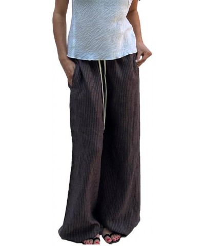 Women Y2k Stripes Lounge Pants Elastic Waist Straight Leg Trousers Casual Loose Fit Bottoms Going Out Pants K-dark Brown Fift...