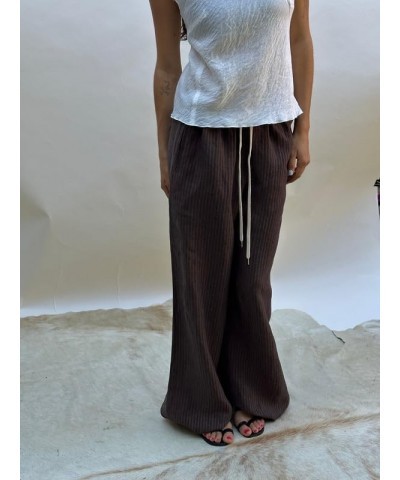 Women Y2k Stripes Lounge Pants Elastic Waist Straight Leg Trousers Casual Loose Fit Bottoms Going Out Pants K-dark Brown Fift...