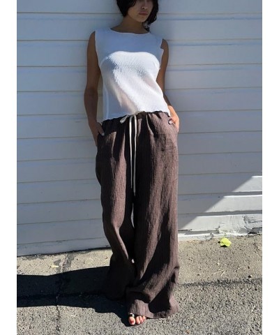 Women Y2k Stripes Lounge Pants Elastic Waist Straight Leg Trousers Casual Loose Fit Bottoms Going Out Pants K-dark Brown Fift...