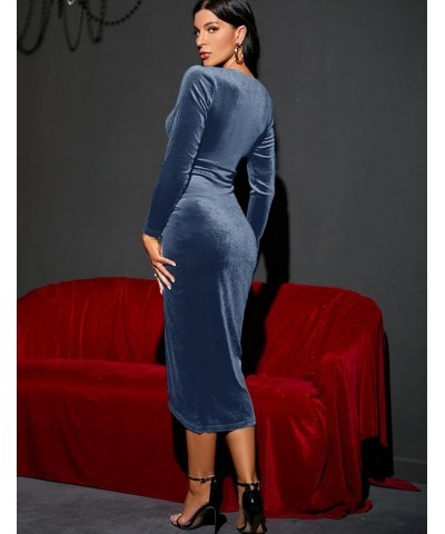 2023 Wrap Ruched Velvet Dress V Neck Short Ruffle Sleeves Long Bodycon Midi Elegant Party Wedding Guest Cocktail Blue Grey, L...