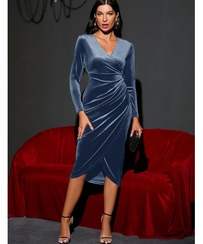 2023 Wrap Ruched Velvet Dress V Neck Short Ruffle Sleeves Long Bodycon Midi Elegant Party Wedding Guest Cocktail Blue Grey, L...