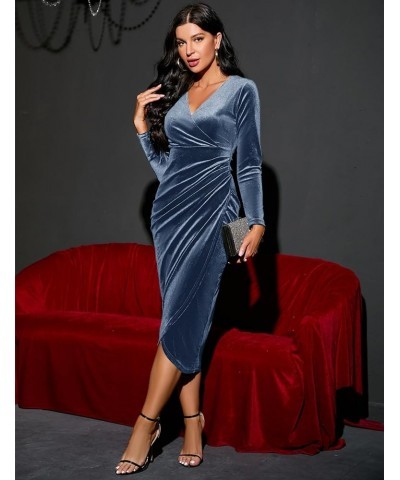 2023 Wrap Ruched Velvet Dress V Neck Short Ruffle Sleeves Long Bodycon Midi Elegant Party Wedding Guest Cocktail Blue Grey, L...