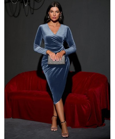 2023 Wrap Ruched Velvet Dress V Neck Short Ruffle Sleeves Long Bodycon Midi Elegant Party Wedding Guest Cocktail Blue Grey, L...