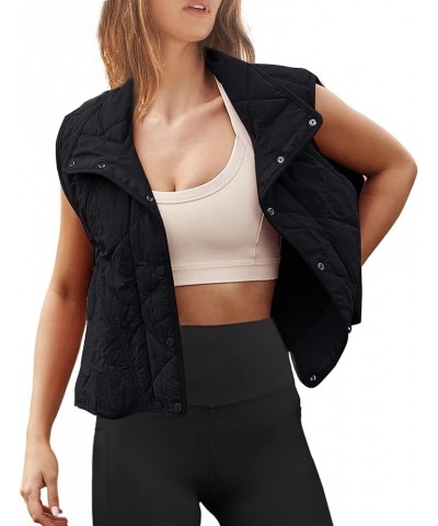 Women's Quilted Vest Stand Collar Lightweight Button Down Puffer Padded Outwear Gilet with Pockets Black $14.34 Vests