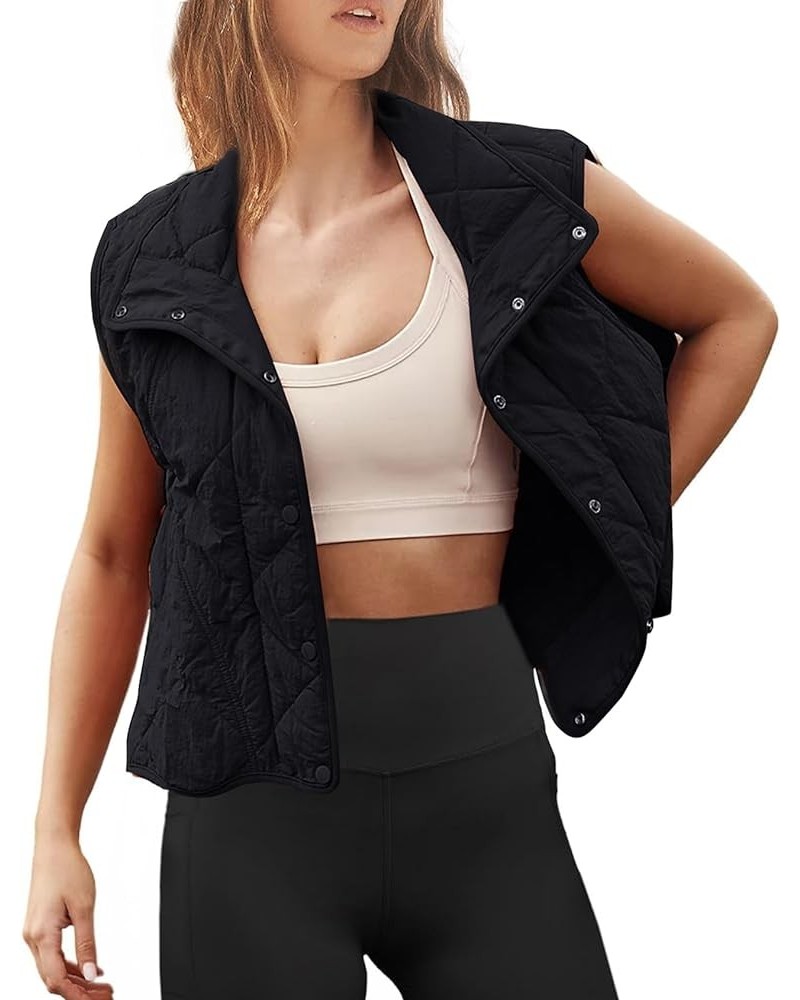 Women's Quilted Vest Stand Collar Lightweight Button Down Puffer Padded Outwear Gilet with Pockets Black $14.34 Vests