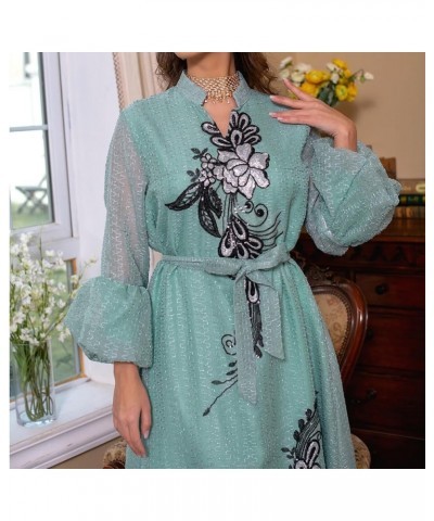 Abayas for Women Muslim Long Sleeve Embroidery Applique Maxi Kaftan Dresses Casual Loose Full Cover Islamic Dubai Robe Green ...