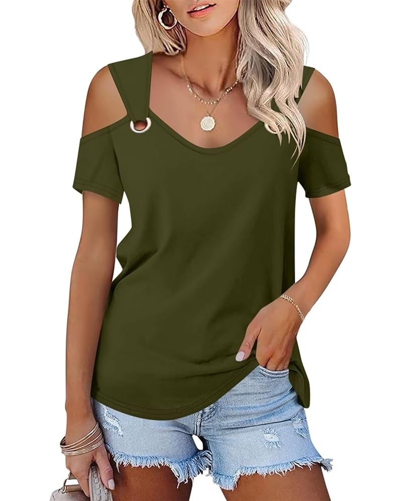 Women's Cold Shoulder Tops Short Sleeve V Neck T Shirts Basic Summer Tees B Green $13.49 T-Shirts