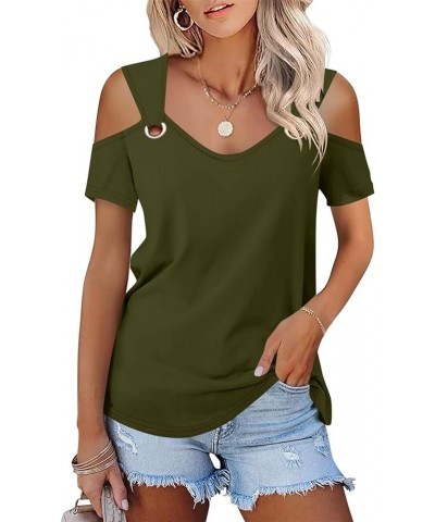 Women's Cold Shoulder Tops Short Sleeve V Neck T Shirts Basic Summer Tees B Green $13.49 T-Shirts