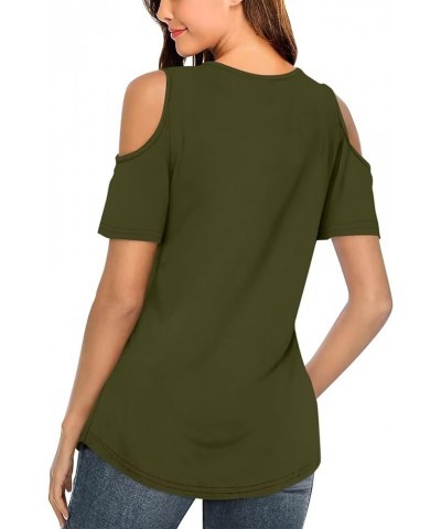 Women's Cold Shoulder Tops Short Sleeve V Neck T Shirts Basic Summer Tees B Green $13.49 T-Shirts