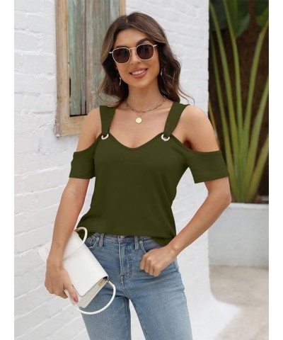 Women's Cold Shoulder Tops Short Sleeve V Neck T Shirts Basic Summer Tees B Green $13.49 T-Shirts