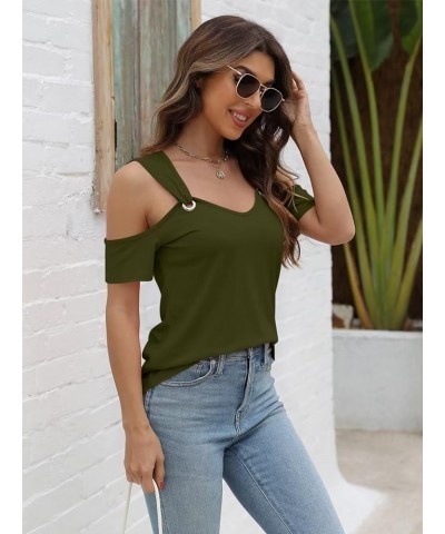 Women's Cold Shoulder Tops Short Sleeve V Neck T Shirts Basic Summer Tees B Green $13.49 T-Shirts