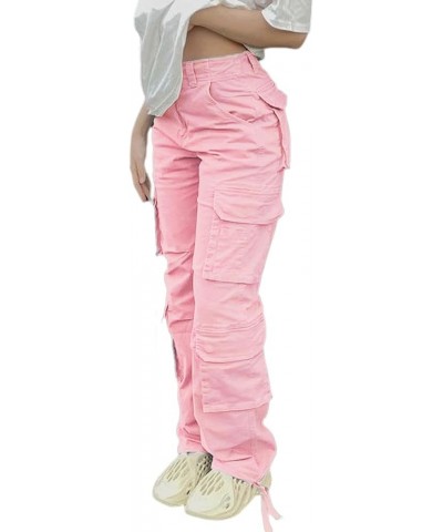 Straight Leg Cargo Pants for Women Baggy Cargo Pants with Pocket High Waist Cargo Y2k Trousers Streetwear Pink $16.45 Pants