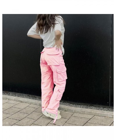 Straight Leg Cargo Pants for Women Baggy Cargo Pants with Pocket High Waist Cargo Y2k Trousers Streetwear Pink $16.45 Pants