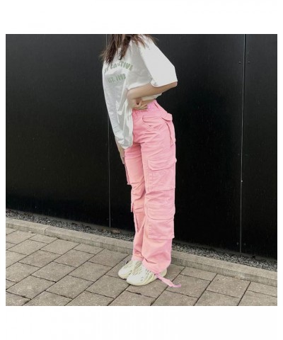 Straight Leg Cargo Pants for Women Baggy Cargo Pants with Pocket High Waist Cargo Y2k Trousers Streetwear Pink $16.45 Pants