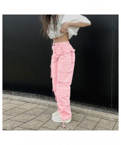 Straight Leg Cargo Pants for Women Baggy Cargo Pants with Pocket High Waist Cargo Y2k Trousers Streetwear Pink $16.45 Pants