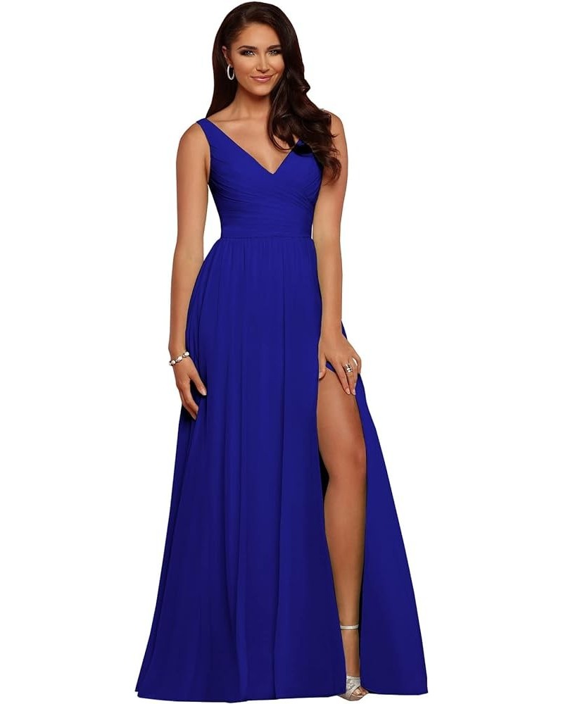 Women's V Neck Bridesmaid Dresses with Slit Chiffon Pleated Formal Evening Party Dress Royal Blue $37.09 Dresses