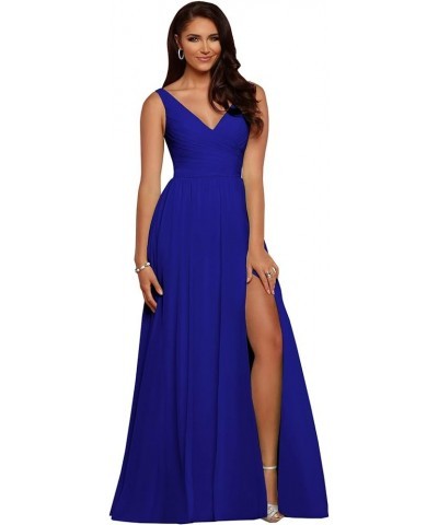 Women's V Neck Bridesmaid Dresses with Slit Chiffon Pleated Formal Evening Party Dress Royal Blue $37.09 Dresses