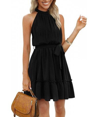 Womens Summer Dresses Halter Neck Pleated Front Tie Waist Backless Ruffle Sun Dress 01-black $16.23 Dresses