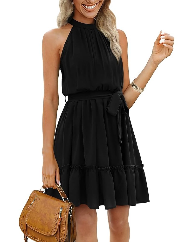 Womens Summer Dresses Halter Neck Pleated Front Tie Waist Backless Ruffle Sun Dress 01-black $16.23 Dresses