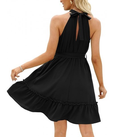 Womens Summer Dresses Halter Neck Pleated Front Tie Waist Backless Ruffle Sun Dress 01-black $16.23 Dresses