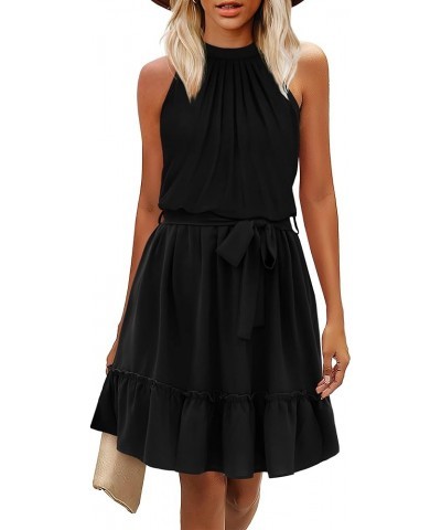 Womens Summer Dresses Halter Neck Pleated Front Tie Waist Backless Ruffle Sun Dress 01-black $16.23 Dresses