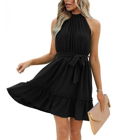 Womens Summer Dresses Halter Neck Pleated Front Tie Waist Backless Ruffle Sun Dress 01-black $16.23 Dresses