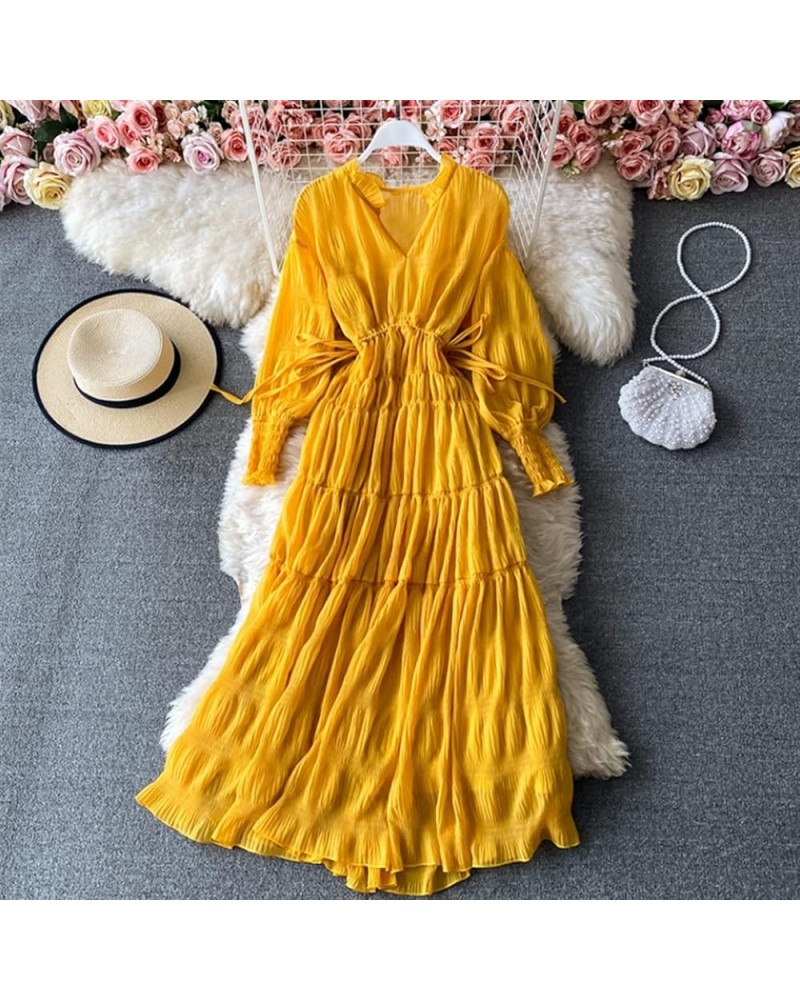 V Neck Chiffon Dress Women's Beach Long Dress (Color : Beige, Size : One Size) One Size Yellow $10.24 Dresses