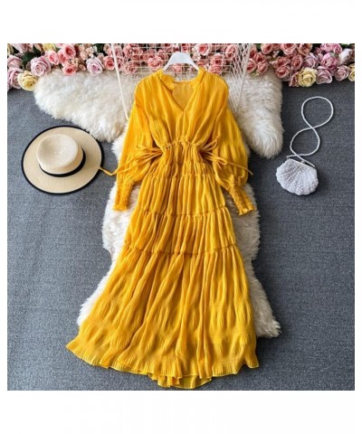 V Neck Chiffon Dress Women's Beach Long Dress (Color : Beige, Size : One Size) One Size Yellow $10.24 Dresses