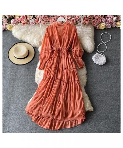 V Neck Chiffon Dress Women's Beach Long Dress (Color : Beige, Size : One Size) One Size Yellow $10.24 Dresses