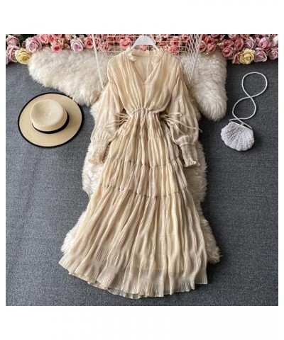 V Neck Chiffon Dress Women's Beach Long Dress (Color : Beige, Size : One Size) One Size Yellow $10.24 Dresses