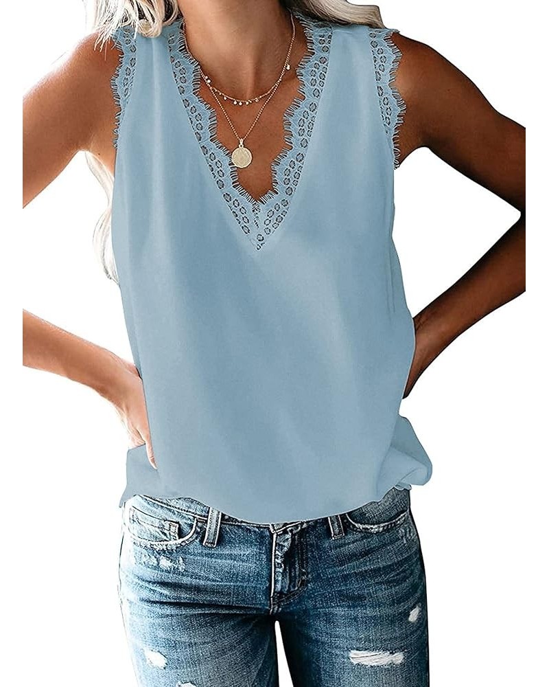 2023 Women's Lace Trim V Neck Tank Tops Lightweight Fashionable Summer Sleeveless Blouses 01 Light Blue $11.44 Tanks