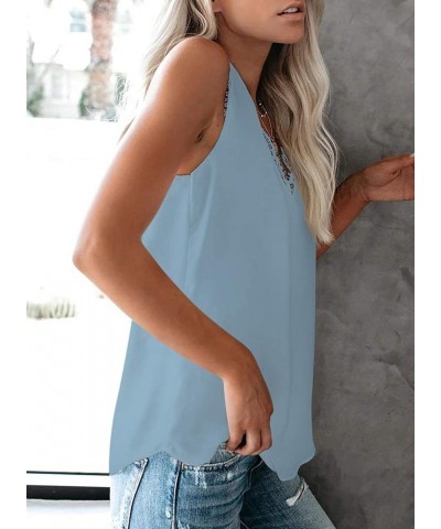 2023 Women's Lace Trim V Neck Tank Tops Lightweight Fashionable Summer Sleeveless Blouses 01 Light Blue $11.44 Tanks