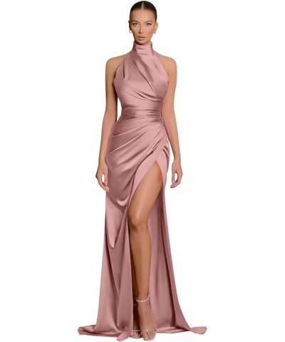 Halter Bridesmaid Dresses for Women Mermaid Ruched Satin Formal Gown Side Slit Maxi Dress EV1204 Dusty Rose $26.95 Dresses